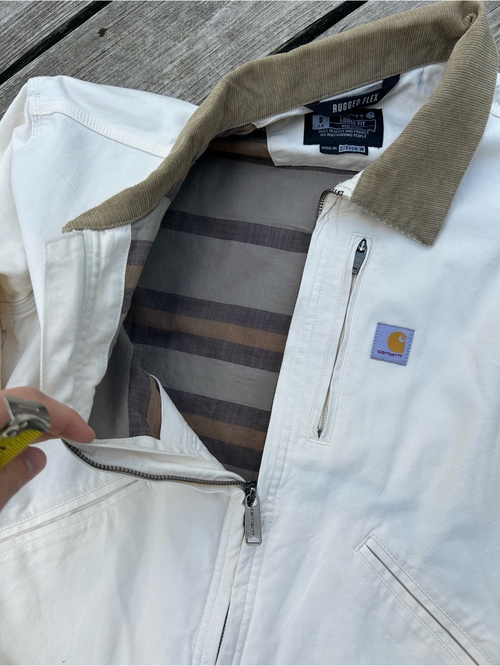 Carhartt White Canvas Jacket with Brown Cord Collar - Picture 3 of 6